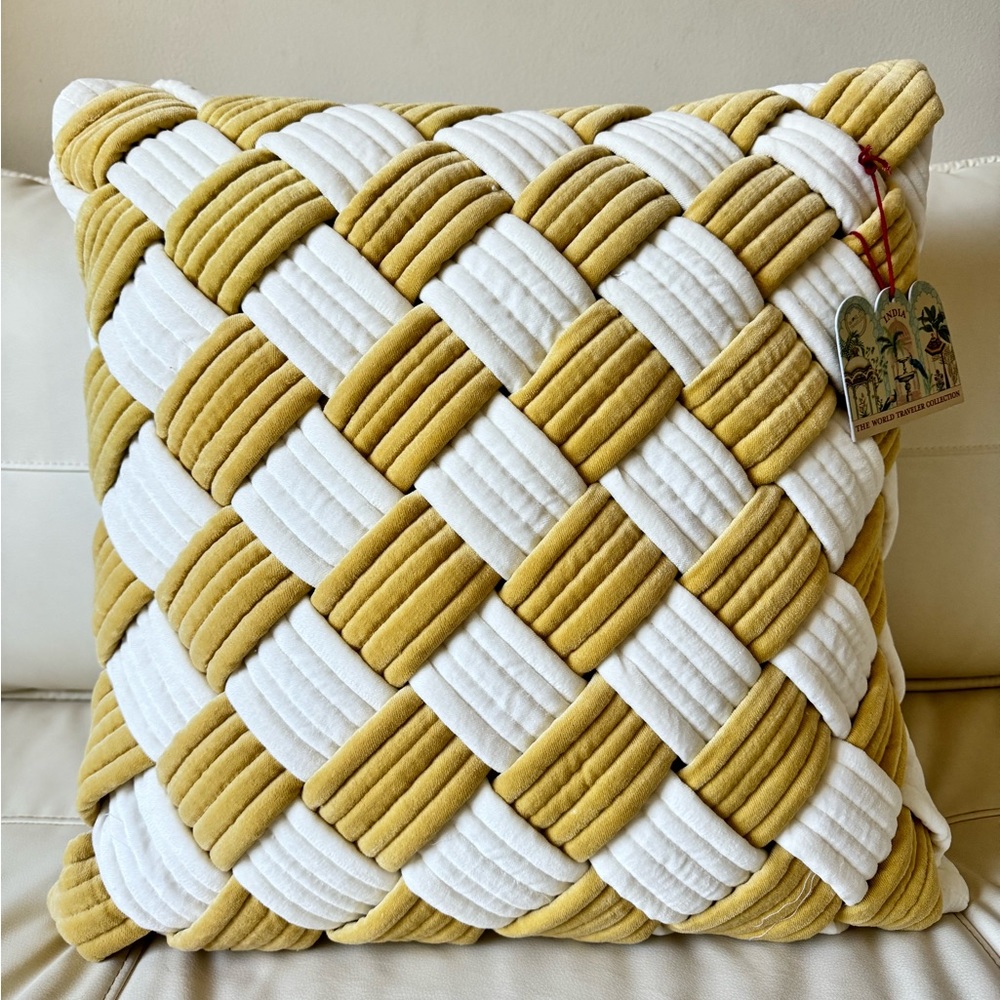 The World Traveler Collection India 20x20 Yellow White Braided Woven Pillow